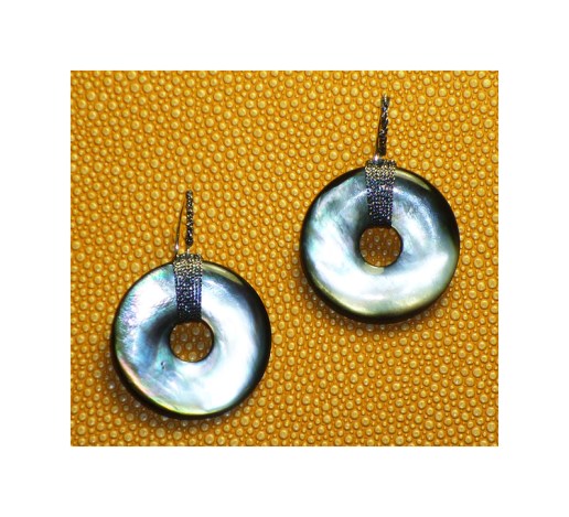 ENU102 SOUTH SEA MOTHER OF PEARL DISC AND STERLING SILVER EARRING HANDWOVEN WITH ANTIQUE SILVER CORD.jpg