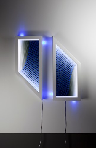  Rise and Fall II , wood, reflective glass, mirror, MDF and LED lights, 101 x 101 x 12.5cm. Photo: Pippy Mount. 