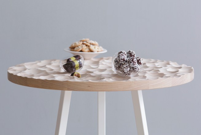  Umami café Table and table top items, 2015 A café table with custom table top items in handmade ceramic and glass, that fit perfectly into the three dimensional structure. Umami café is a development of the project&nbsp; Umami .&nbsp; The table top items for Umami café are the same as for Umami.&nbsp; Material: ash, steel, hand blown glass and ceramics Table: Ø 700&nbsp;mm, h 720 mm Glass bowl, small: Ø 90 mm, h 60 mm Glass bowl medium: Ø 110 mm, h 70 mm Glass bowl, large: Ø 130 mm, h 85 mm Ceramic serving plate: Ø 195 mm, h 55 mm Photo: Petter Brandt 