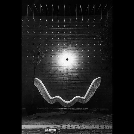 Our public bench for two on the steel rod clad concrete wall . #steelbench #concrete #contemporaryarchitecture #rebar #steel #architecture #livelovearchitecture #thebackyard #hazmieh #lebanesearchitecture