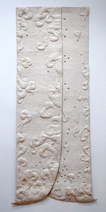 'salpuri' 2000 82" x 37" industrial felt, handmade felt, ceramic beads, silkscreen printing, machine & hand stitching