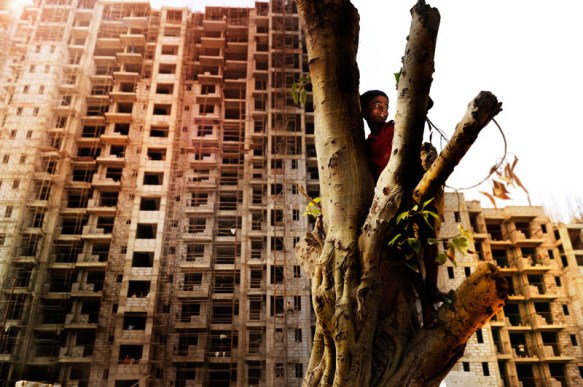 Aniket sitting in a tree. 10 year old Aniket lives with his parents and sister in a slum in New Delhi. He wants to become an architect. Behind the house where he lives a large multi-story building is being built. Aniket would like to live there one day.