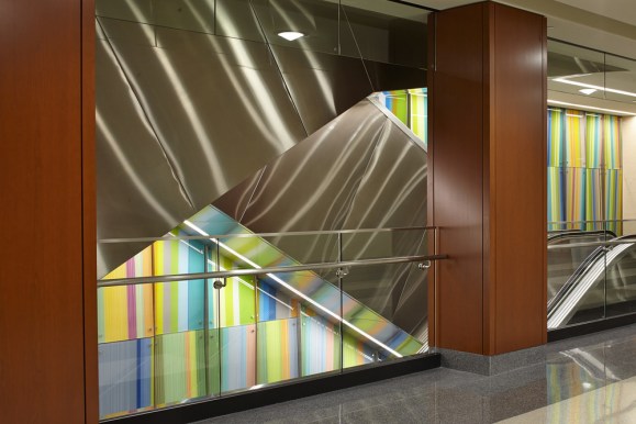  curtain wall 2013&nbsp; custom printed glass, dual layer basic 2 by 6 foot unit 270 total pieces of glass, approximately 60 by 60 feet total GSA Art in Architecture commission GSA Richard Bolling Federal Building Kansas City, MO 